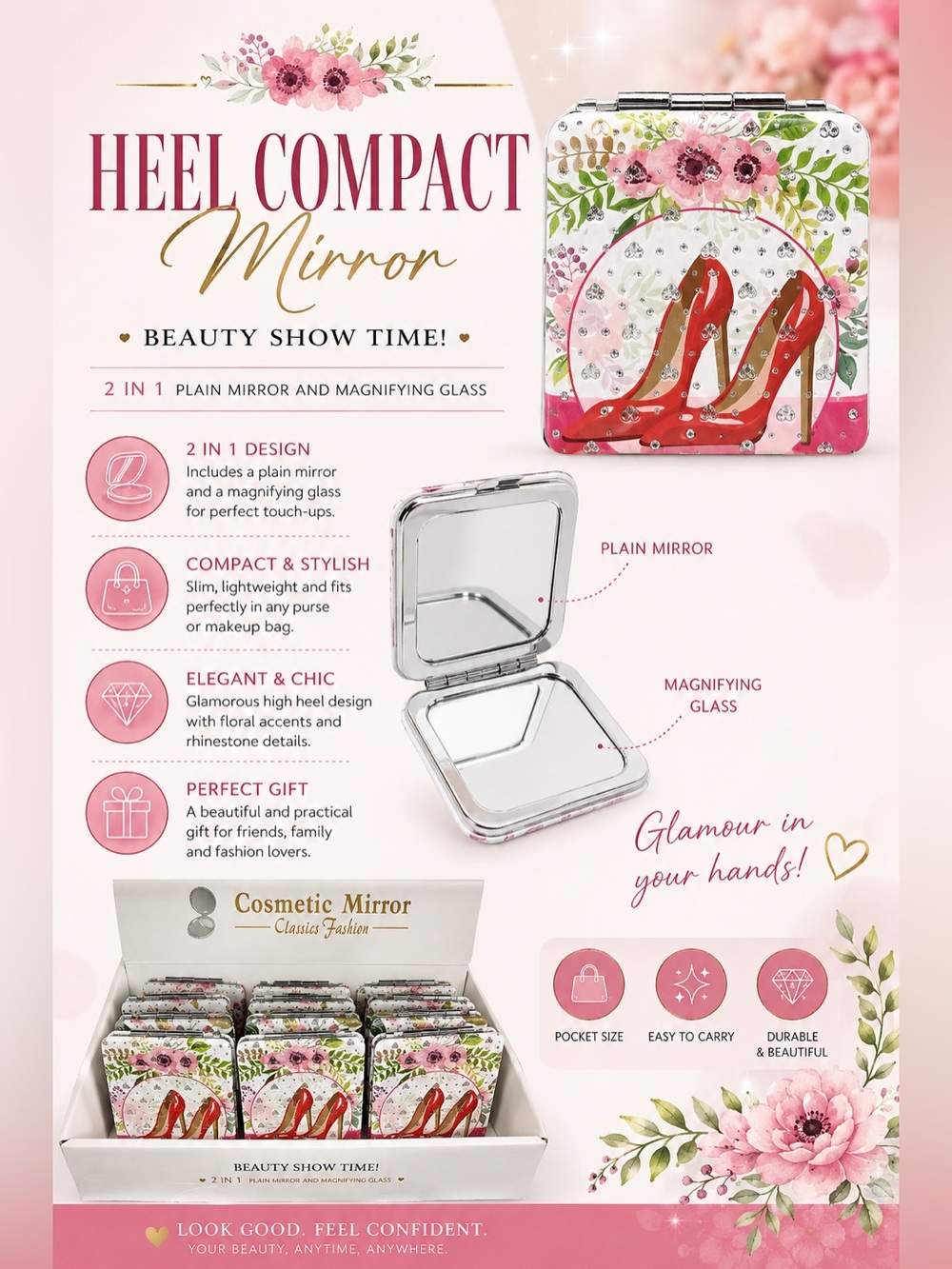 Dozen Heel Compact Mirror with Red High Heel & Floral Design